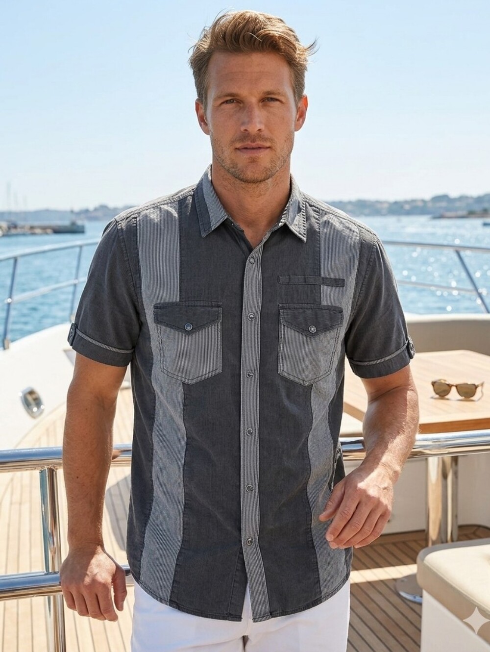 Armani Exchange AX Mens short sleeve snap button dress shirt black gray Large